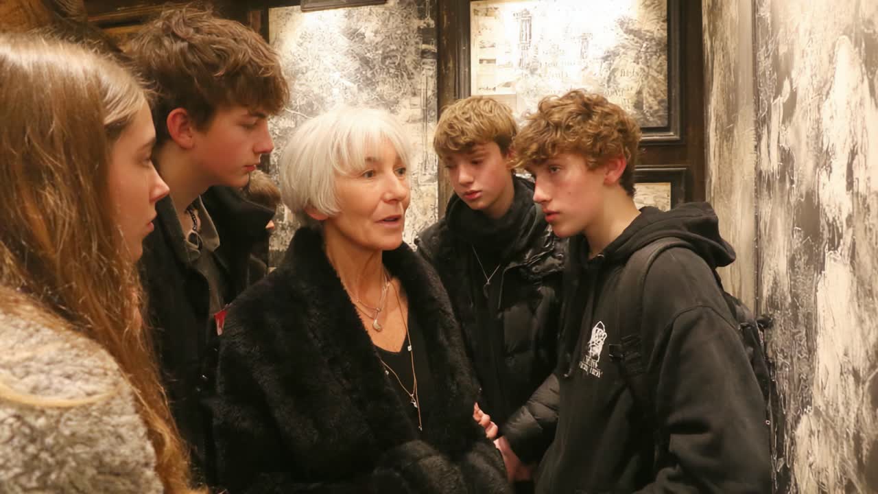 Engaging Conversation Among Friends: A Group of Young People Enthusiastically Discussing with a Mature Woman in an Artistic Gallery Setting