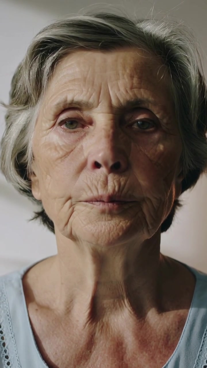 Vertical video: Opening eyes, senior woman fixing steady gaze at home, responding to camera