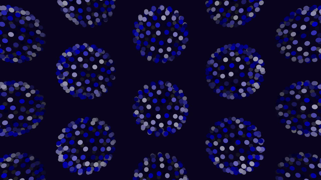 Illusion neon spheres pattern in rows with neon dots on dark gradient