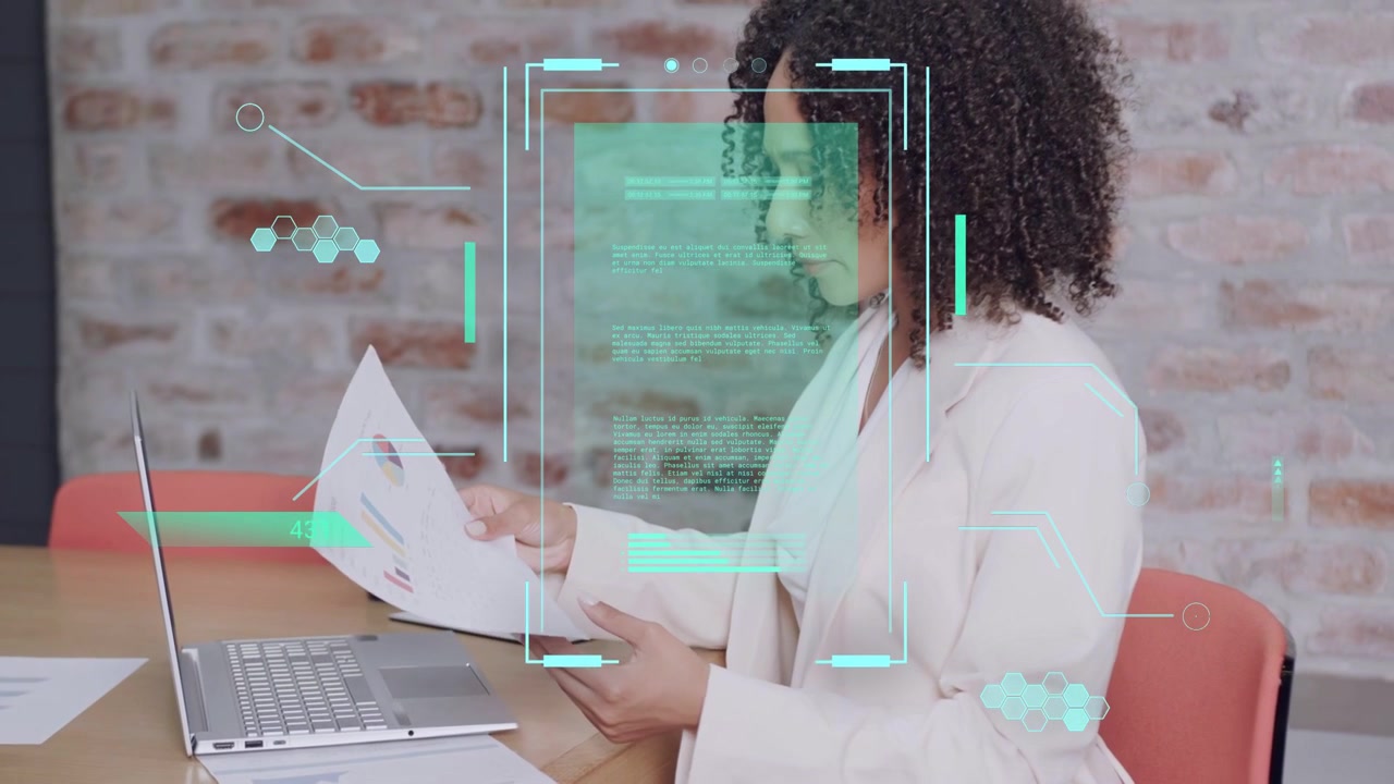 Professional woman typing, reaching for papers, HUD overlaying data while verifying business report