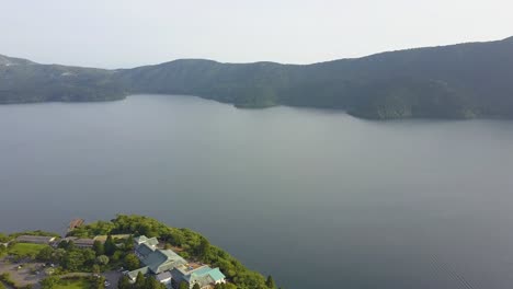 Aerial-view-of-over-lake-ashi-with-ship-panoroma