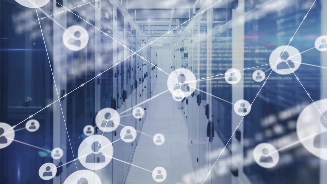 Animation of network of connections with icons over network of connections network tall network