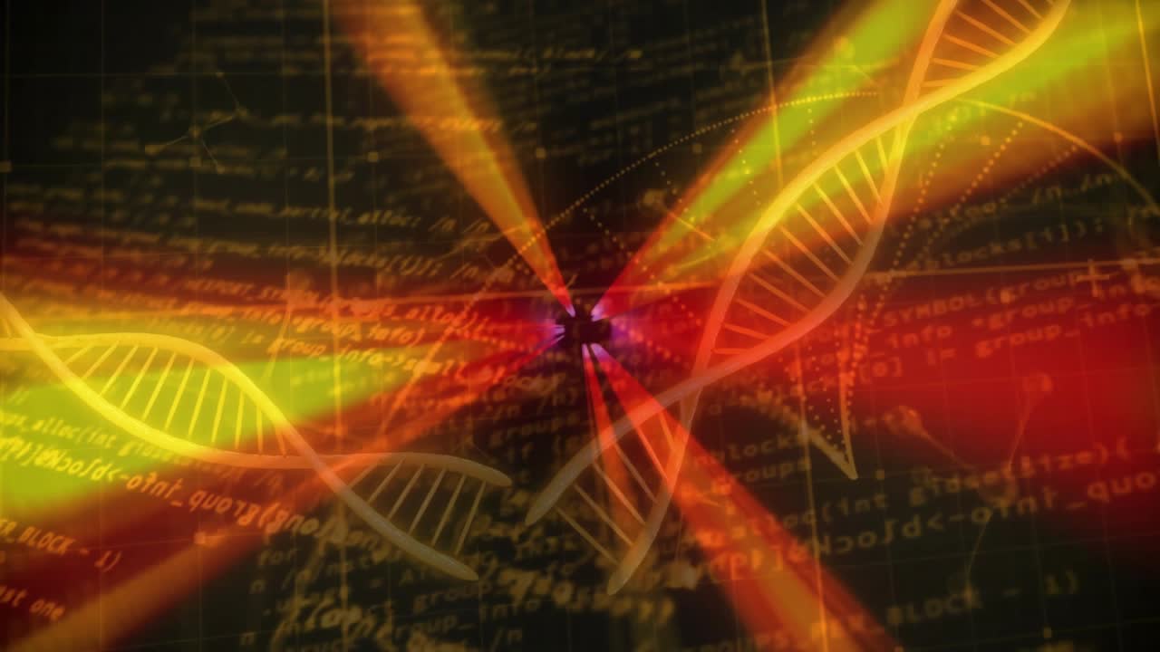 Un raggio si incrocia, dando il via a eliche di DNA astratte che si materializzano e ruotano per visualizzare le dinamiche dei dati.