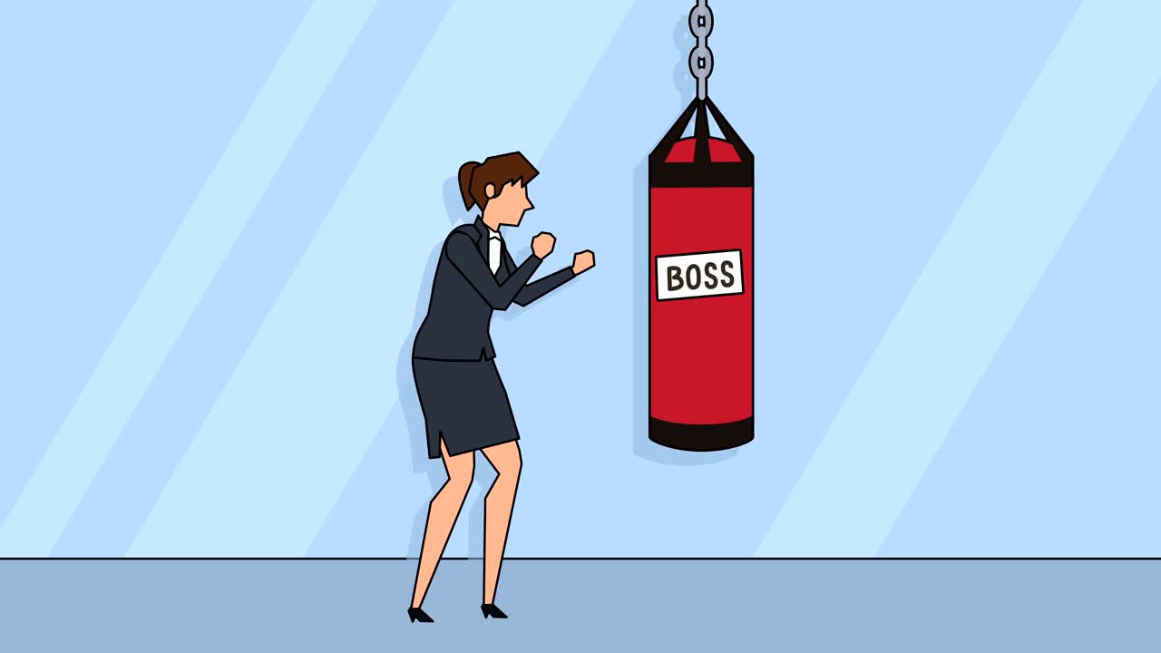 평평한 만화 사업가 캐릭터 보스와 함께 권투 박스 애니메이션