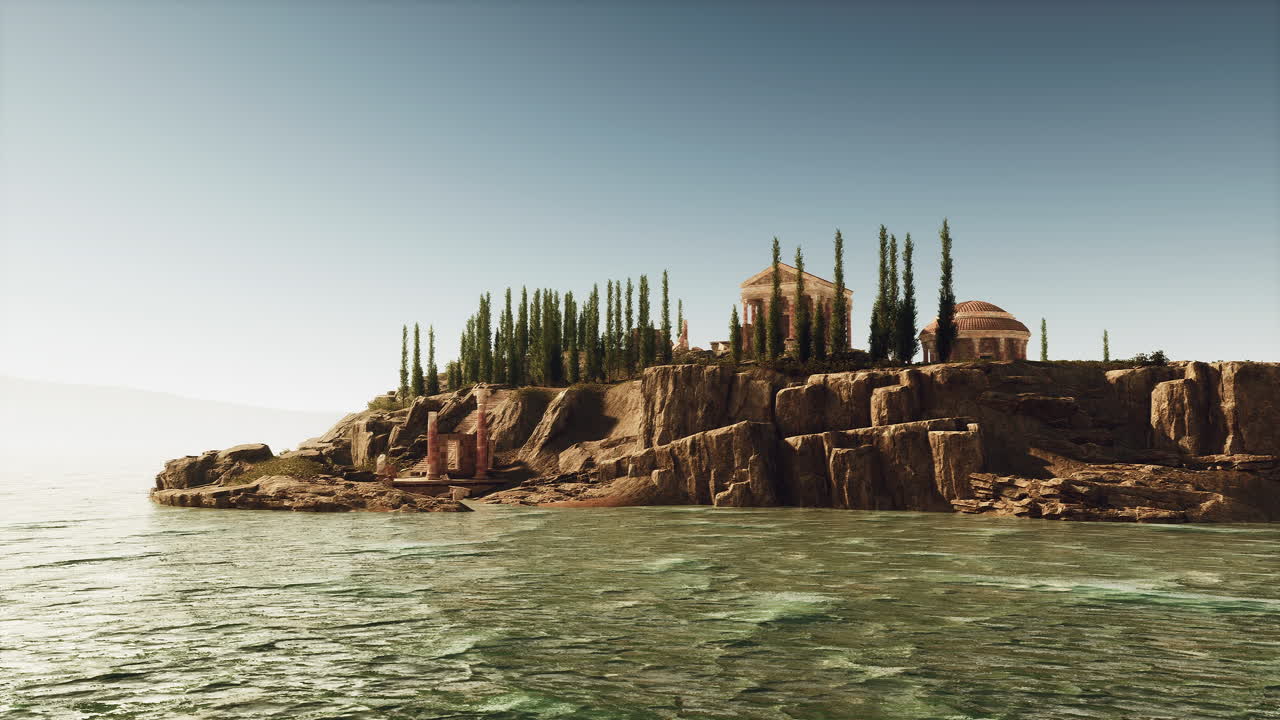 Ruins of an ancient roman temple located on a rocky outcrop by the sea