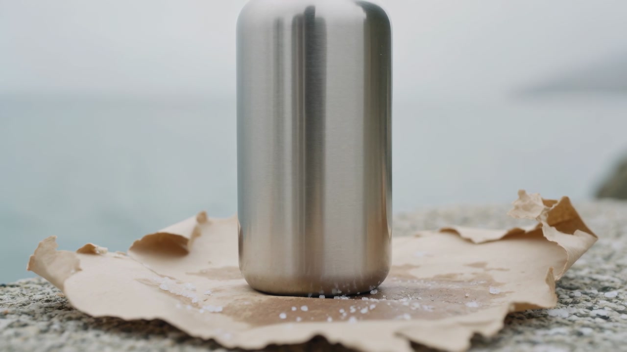 Vibrating steel tumbler settling on crumpled brown paper by sea, white granules shifting outward