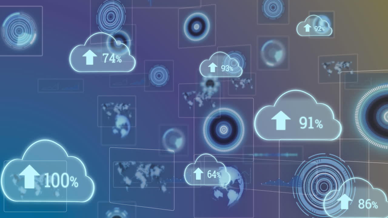 animación de nubes digitales con flechas y crecimientos porcentuales sobre escaneos en pantallas
