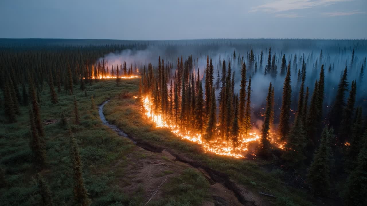 Dramatic Transformation of a Forest Fire: Observing the Progression of Flames Through Lush Vegetation and Towering Trees in a Natural Landscape