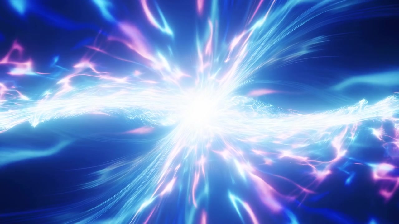 Fios luminosos ciano, azuis e magenta movem-se para dentro e para fora ao redor de um centro branco intenso, formando padrões de ondas fluidos e rastros energéticos contra um espaço azul-marinho profundo.
