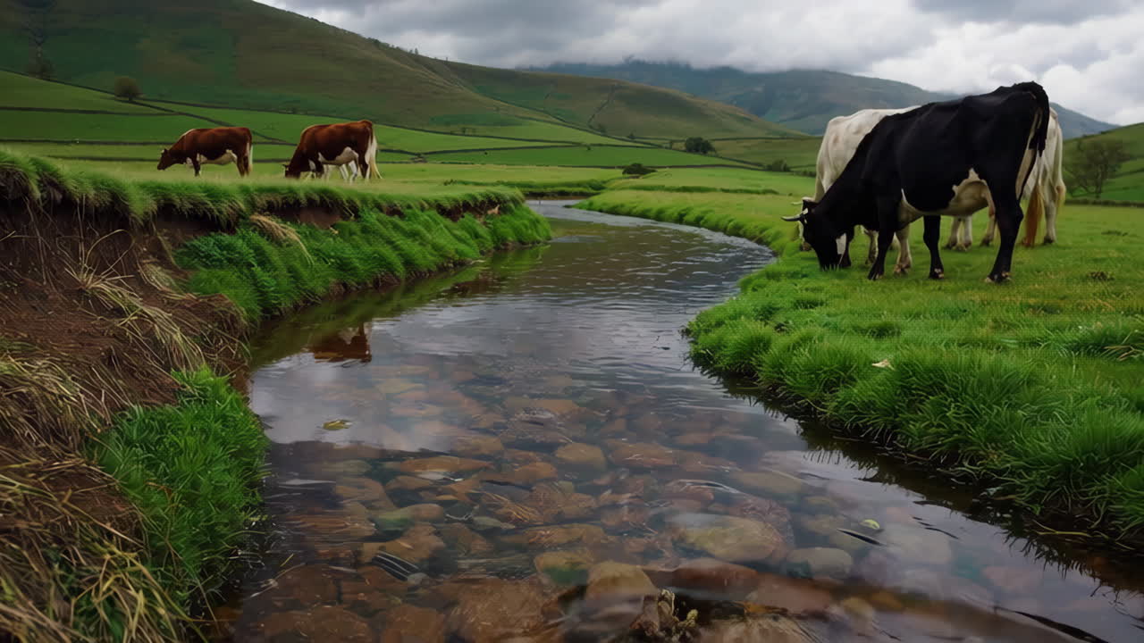 Cows by a Creek in a Green Meadow