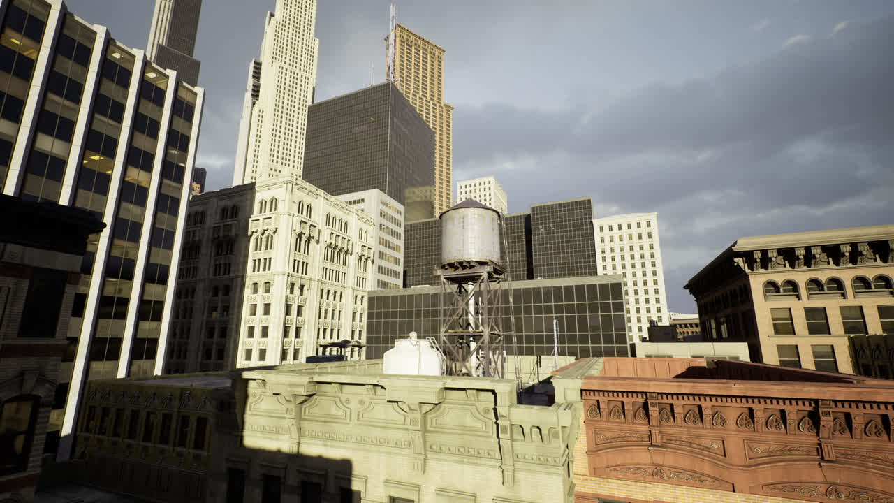 Urban skyline featuring water tower and modern architecture at dusk