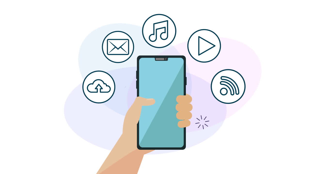 소셜 미디어 마케팅 애니메이션과 함께 스마트폰을 사용하는 손