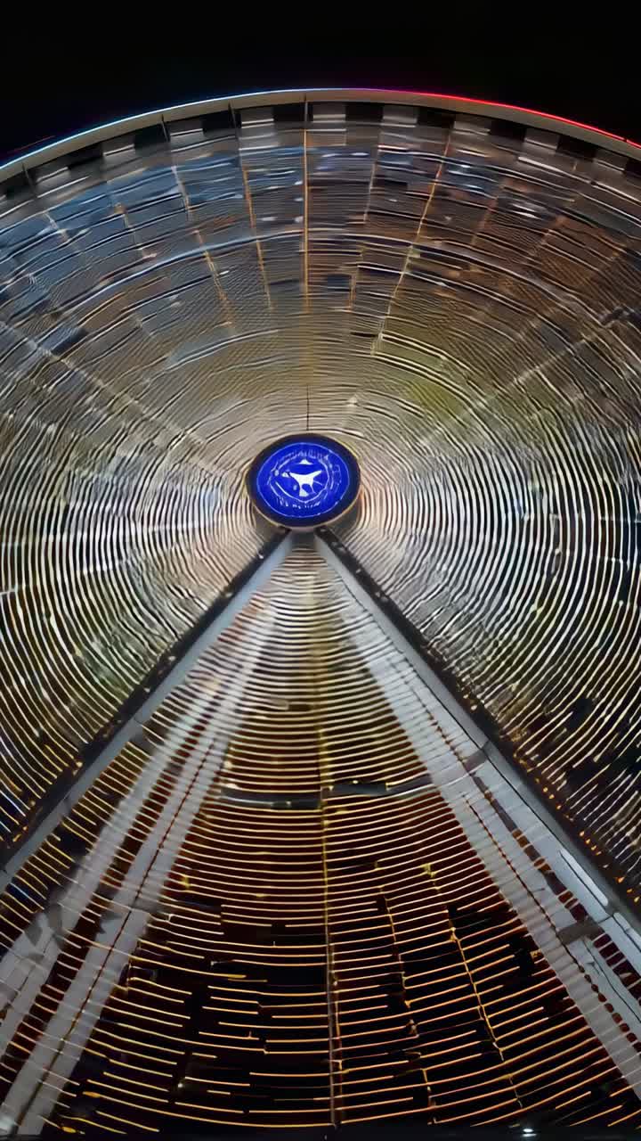 Video verticale: Ruota panoramica con anelli LED rotanti in una fiera notturna con hub e montanti blu