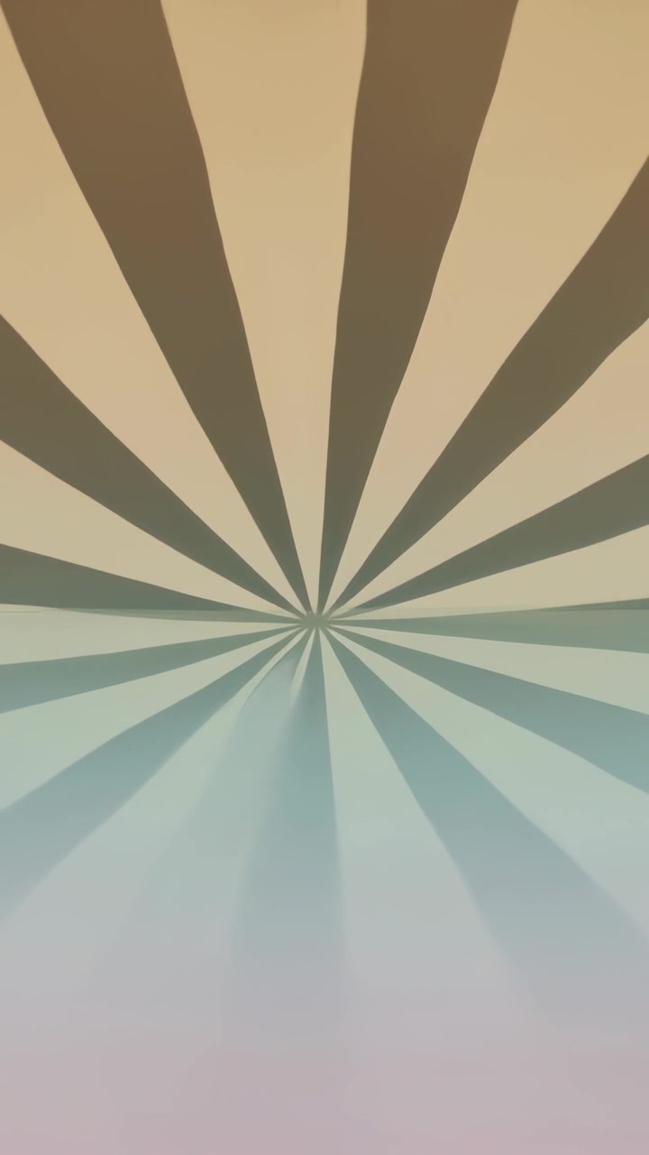 Vertical video: Playback starting, centered radial burst filling screen, showing beige teal bands