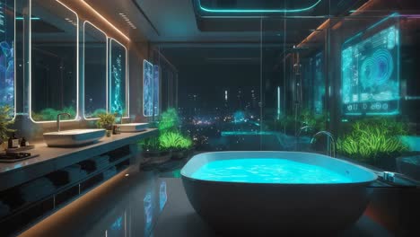 baño futurista con vista nocturna