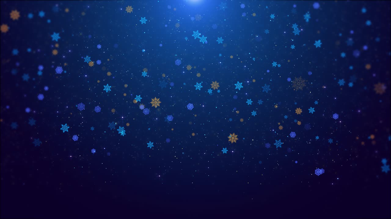 Magical snowfall blue golden snowflakes drifting over starry night sky for holiday videos festive
