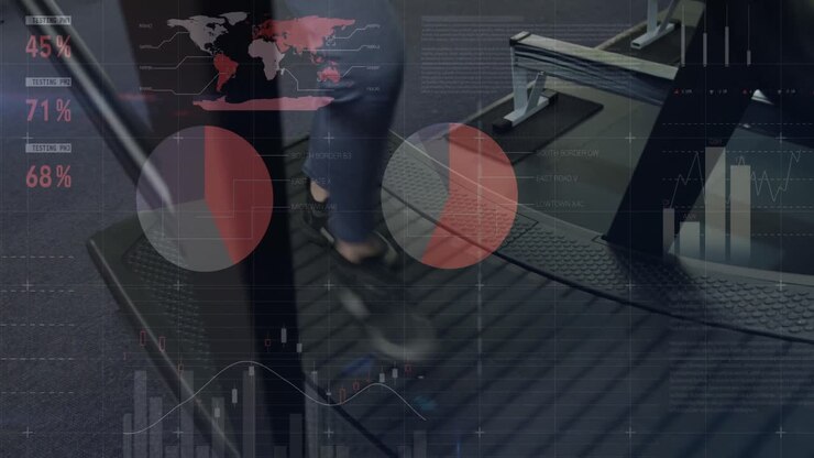 Animation of data processing over caucasian woman walking on treadmill
