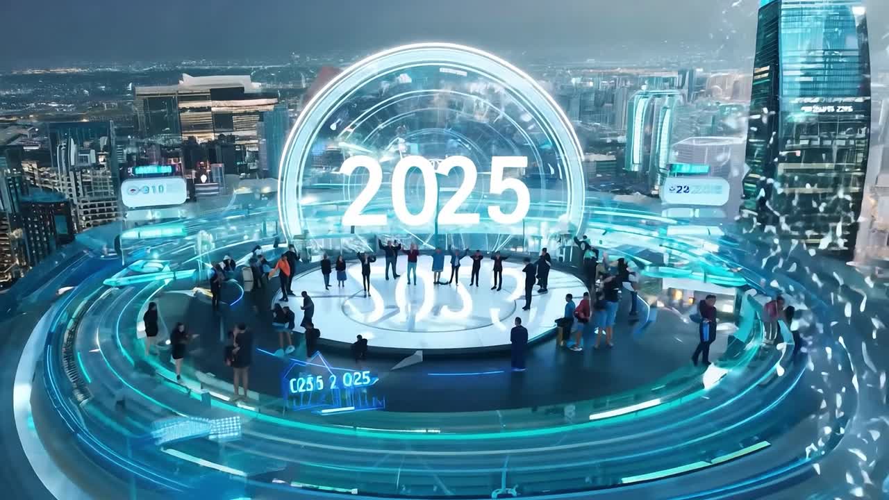 celebración del éxito empresarial se desarrolla en una ciudad futurista, mostrando interfaces de realidad aumentada que destacan los logros y objetivos establecidos para el año 2025
