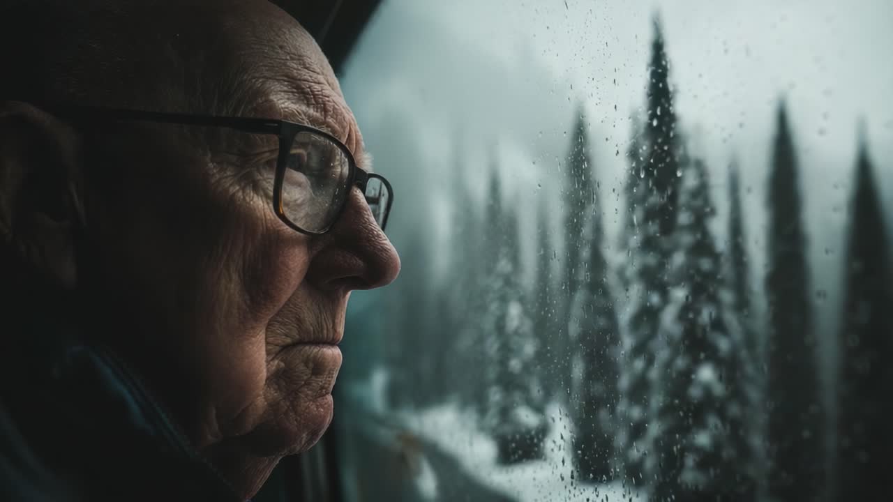 A reflective moment captured through a window, featuring an elderly man's contemplative gaze as he watches rain-soaked trees and the serene, snowy landscape outside