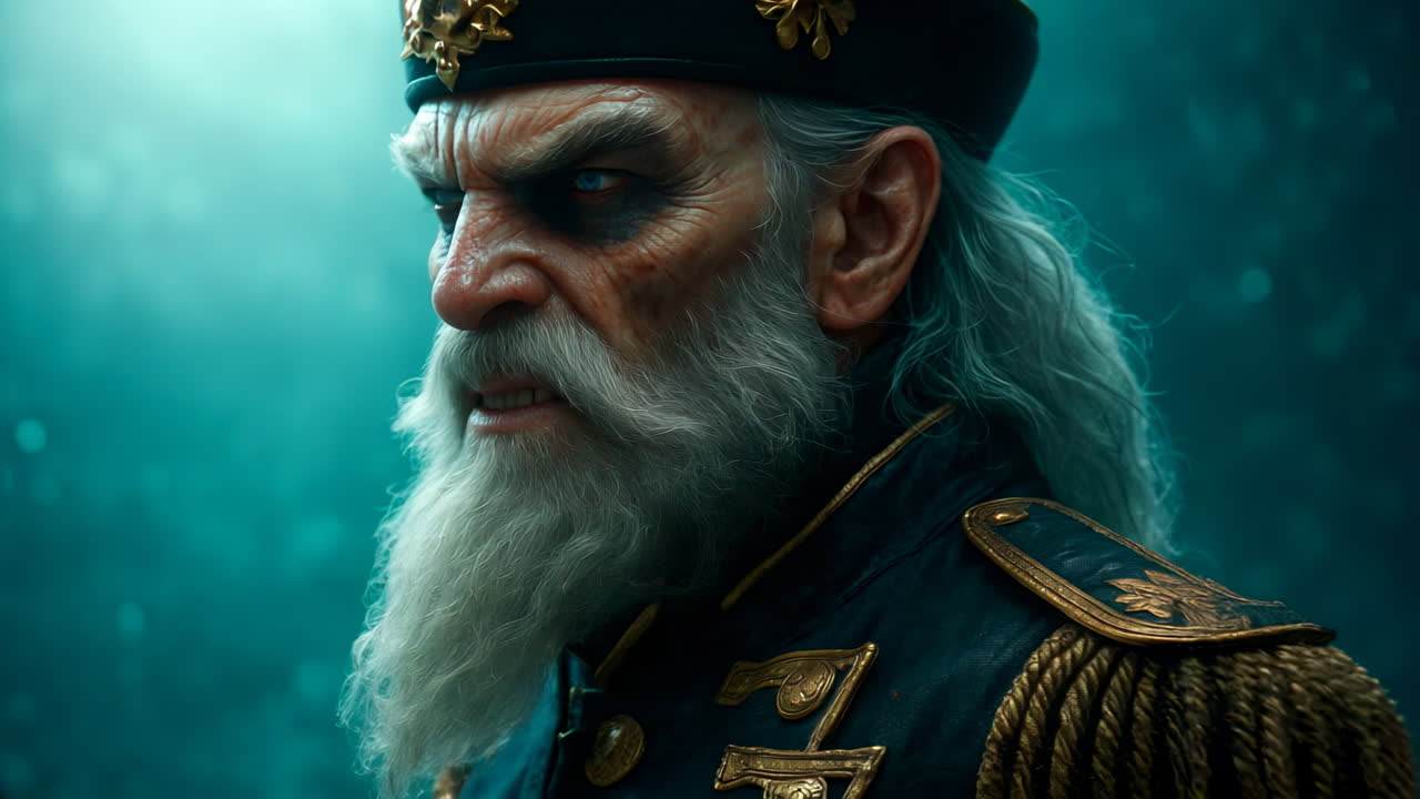 Epic portrait of an angry old sea captain with glowing eyes