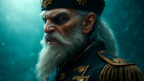 epic portrait of an angry old sea captain with glowing eyes