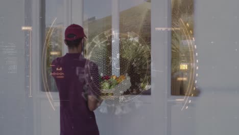 animation of virus cell and scope scanning over caucasian delivery man with box of vegetables