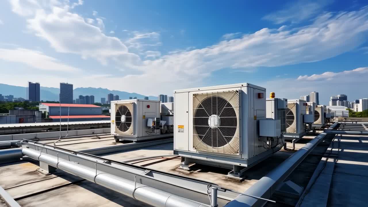 Wide-angle video shot of rooftop HVAC units under a clear sky, showcasing urban infrastructure
