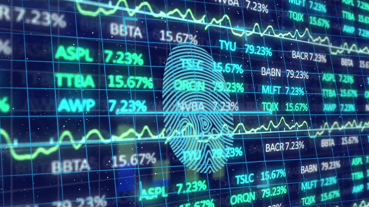 Animation of data processing and padlocks with fingerprint over blue background