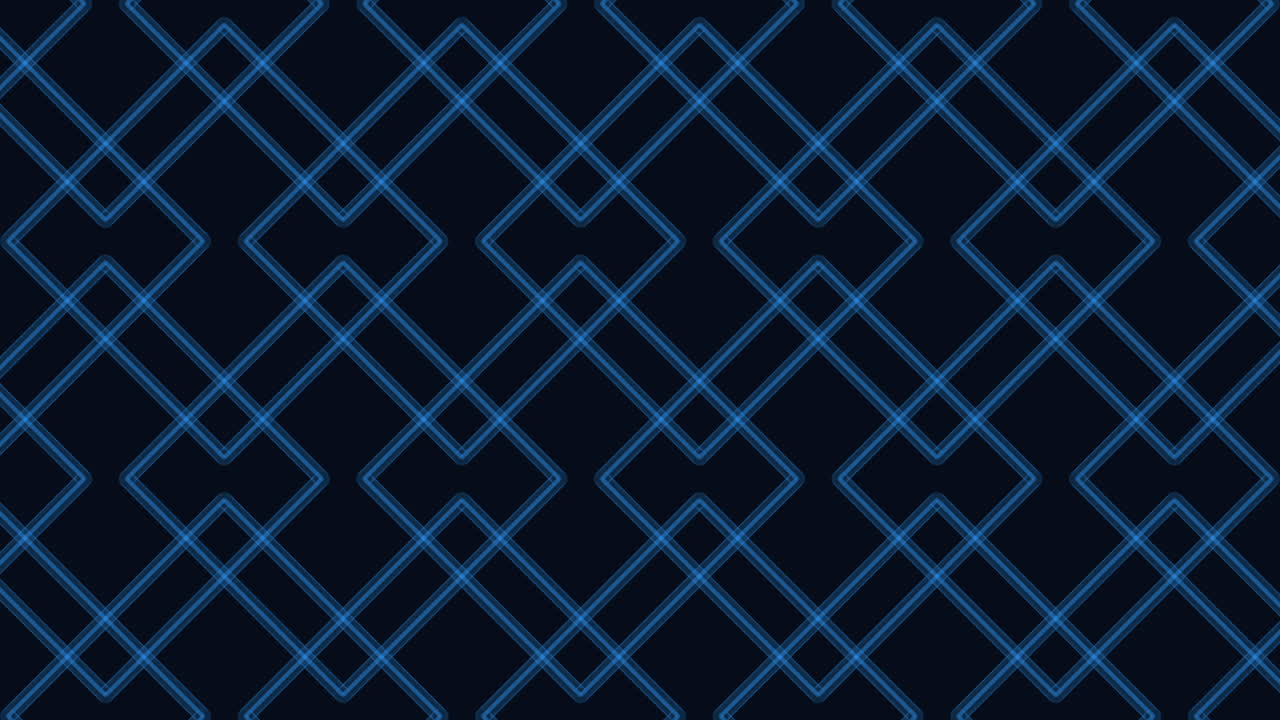 Filmato astratto di linee neon blu luminose che formano una griglia quadrata diagonale ripetuta su uno sfondo scuro, ideale per temi di tecnologia, cyber, rete digitale e fantascienza.