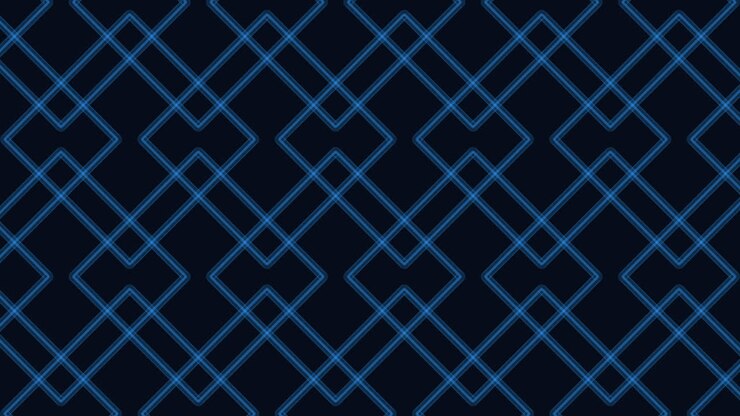 Abstract footage of glowing blue neon lines forming a repeating diagonal square grid on a dark background, ideal for technology, cyber, digital network, and sci fi themes