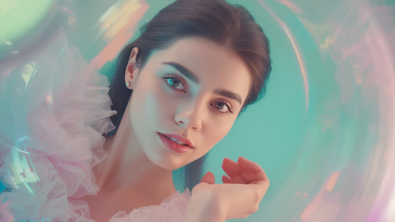 Brushing hair tulle-top model lifting head toward lens in turquoise vessel, revealing orange clip