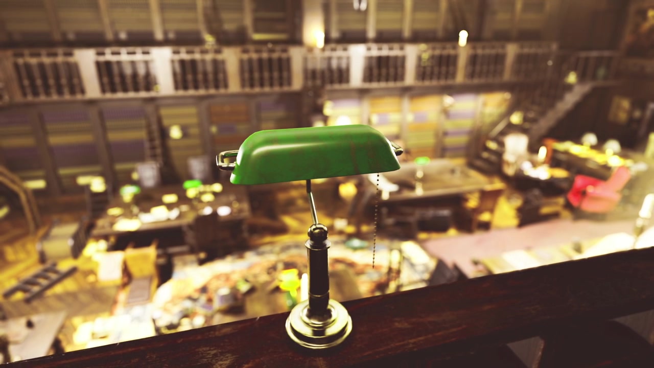 Spazio di lavoro elegante con luce ambientale e strumenti artistici sparsi.