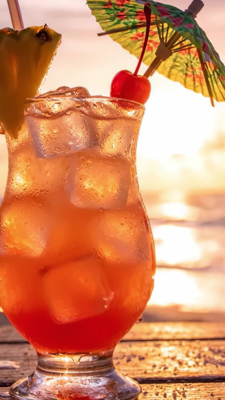 Un cocktail tropicale rinfrescante con guarnizione di frutta e un ombrellino colorato contro uno splendido orizzonte al tramonto.