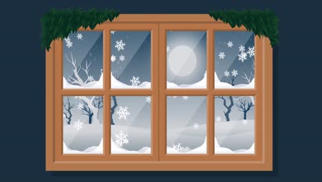 Animation-of-falling-snow-and-christmas-night-scene-through-window