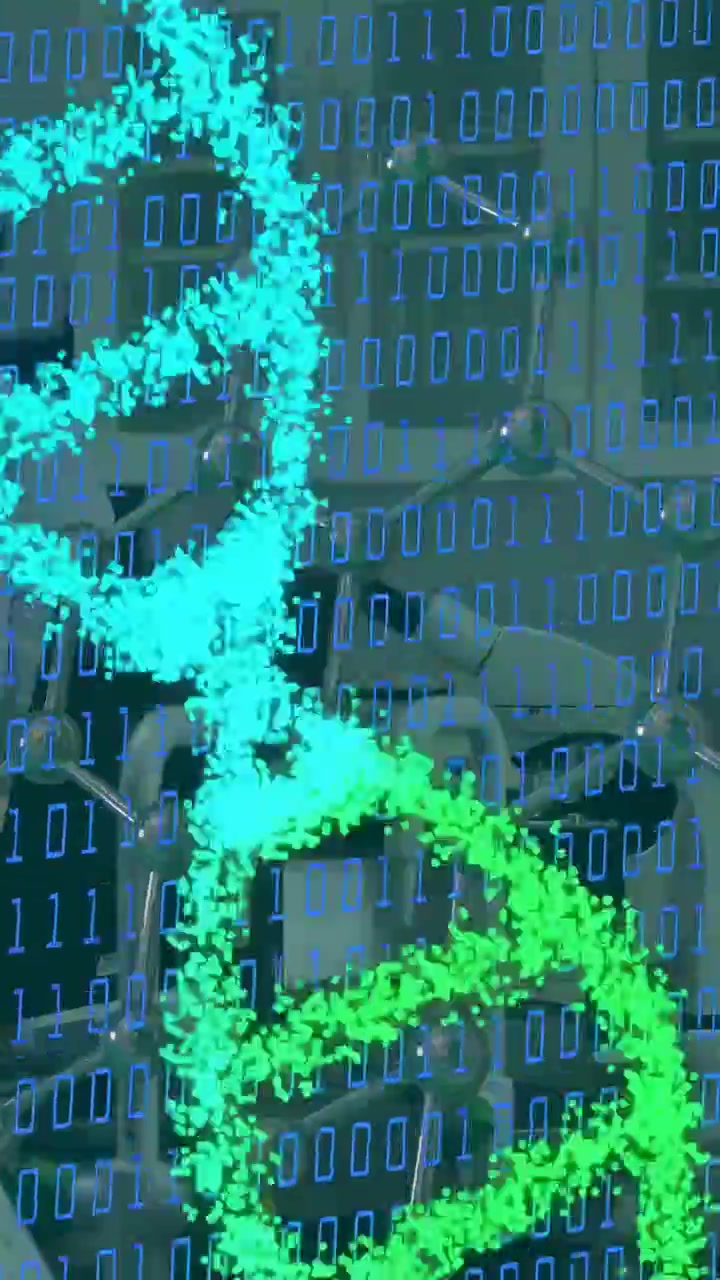 Vertical video: Lab team watching transparent overlay causing bits forming DNA helix for research