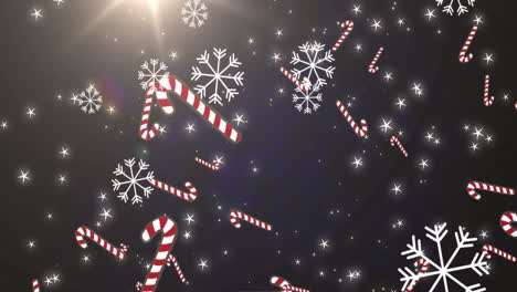 Animation-of-snowflakes-and-christmas-candies-falling-over-black-background-with-lights