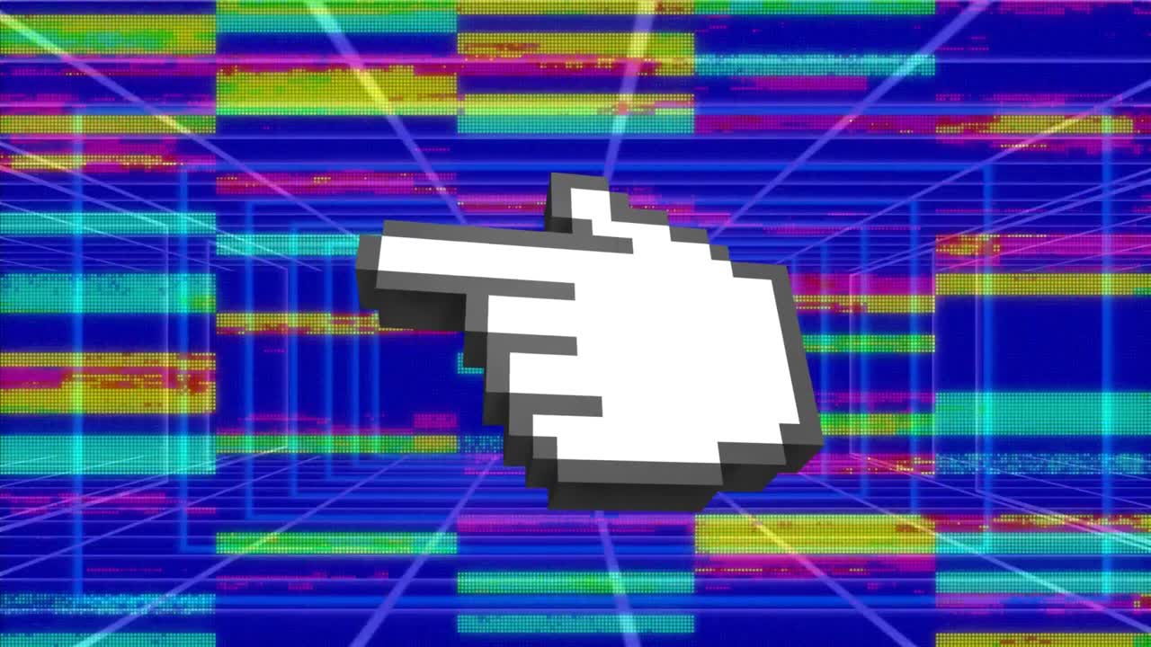 Digital animation of finger pointing icon against light trails on blue background