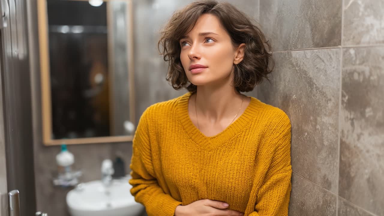 A Contemplative Moment: A Woman in a Cozy Sweater Expressing Concern in a Relaxed Bathroom Setting