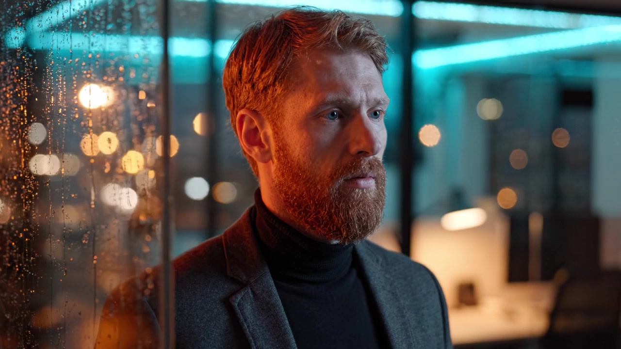 Un uomo contemplativo con la barba rossastra sta in piedi accanto a una finestra segnata dalla pioggia, illuminato da luci blu soffuse, in un ambiente d'ufficio, perso nei pensieri e nella riflessione.
