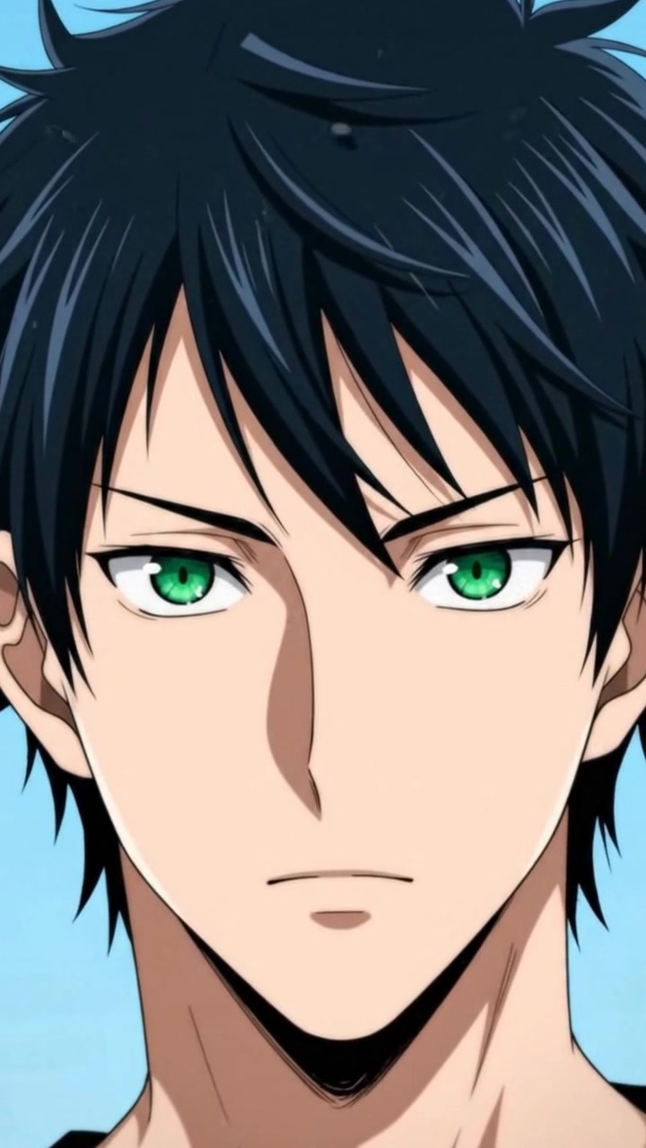 Personaje de chico anime con ojos verdes mirando al frente