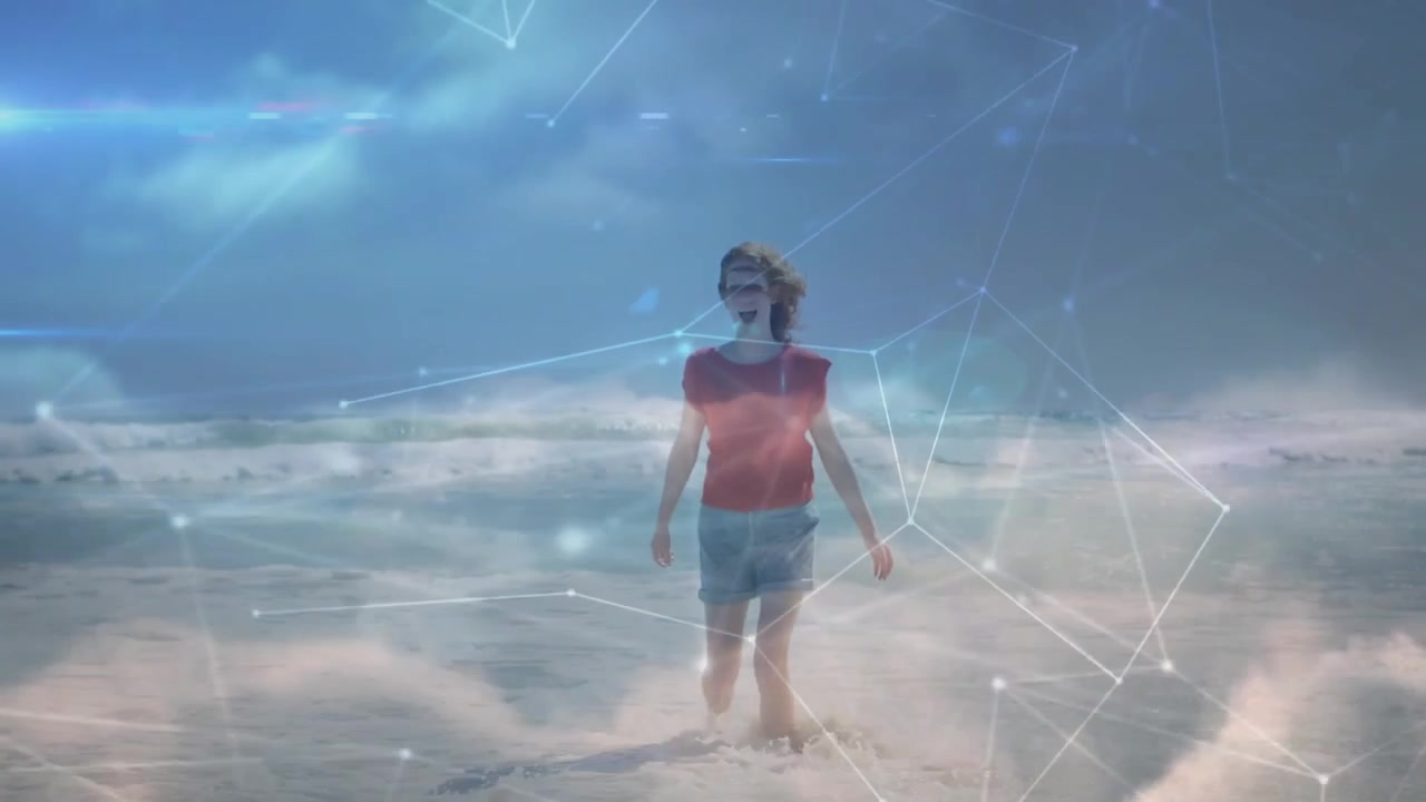 Mulher começando a andar do horizonte, câmera acompanhando enquanto uma rede digital e névoa crescem para representar tecnologia.