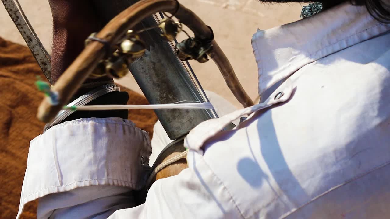 artista tocando sarangi tradicional desde diferentes ángulos en el día