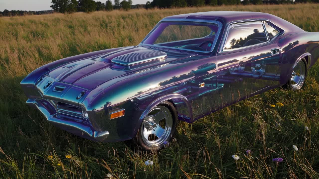 старинный мускулистый автомобиль с спортивной хамелеонной краской, блестящей радужными цветами, припаркованный среди высокой травы при золотом закате, отражающий окружающий пейзаж с мощной автомобильной элегантностью