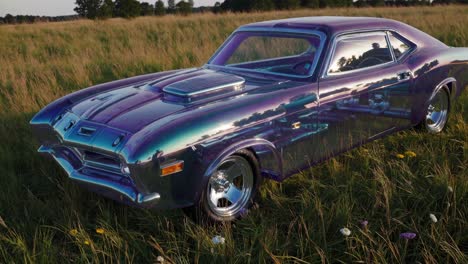 vintage muscle car sporting chameleon paint gleaming with iridescent colors, parked amid tall grass at golden sunset, reflecting surrounding landscape with powerful automotive elegance