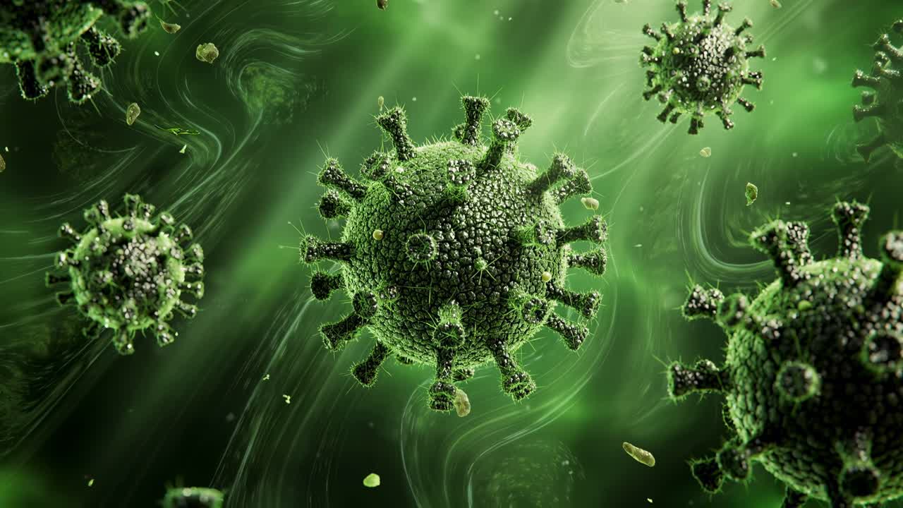 Detaljerad vy av gröna coronaviruspartiklar svävande i en flytande mikroskopisk miljö, konceptet infektion, virologi, pandemi och medicinsk forskning.