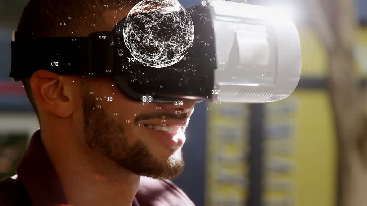 animación de la red de conexiones, globo y procesamiento de datos sobre el hombre en auriculares vr