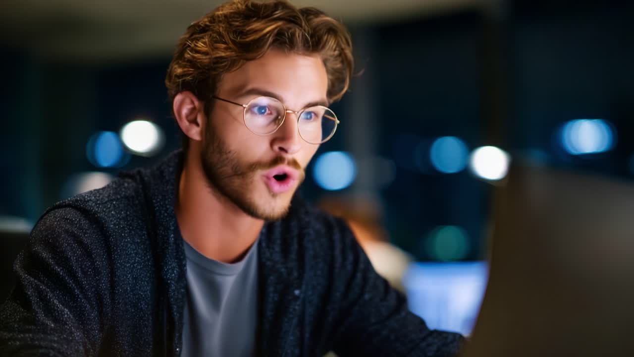 Focused Individual Using Laptop in a Modern Workspace - Engaging with Technology While Working Late at Night in a Stylish Office Environment