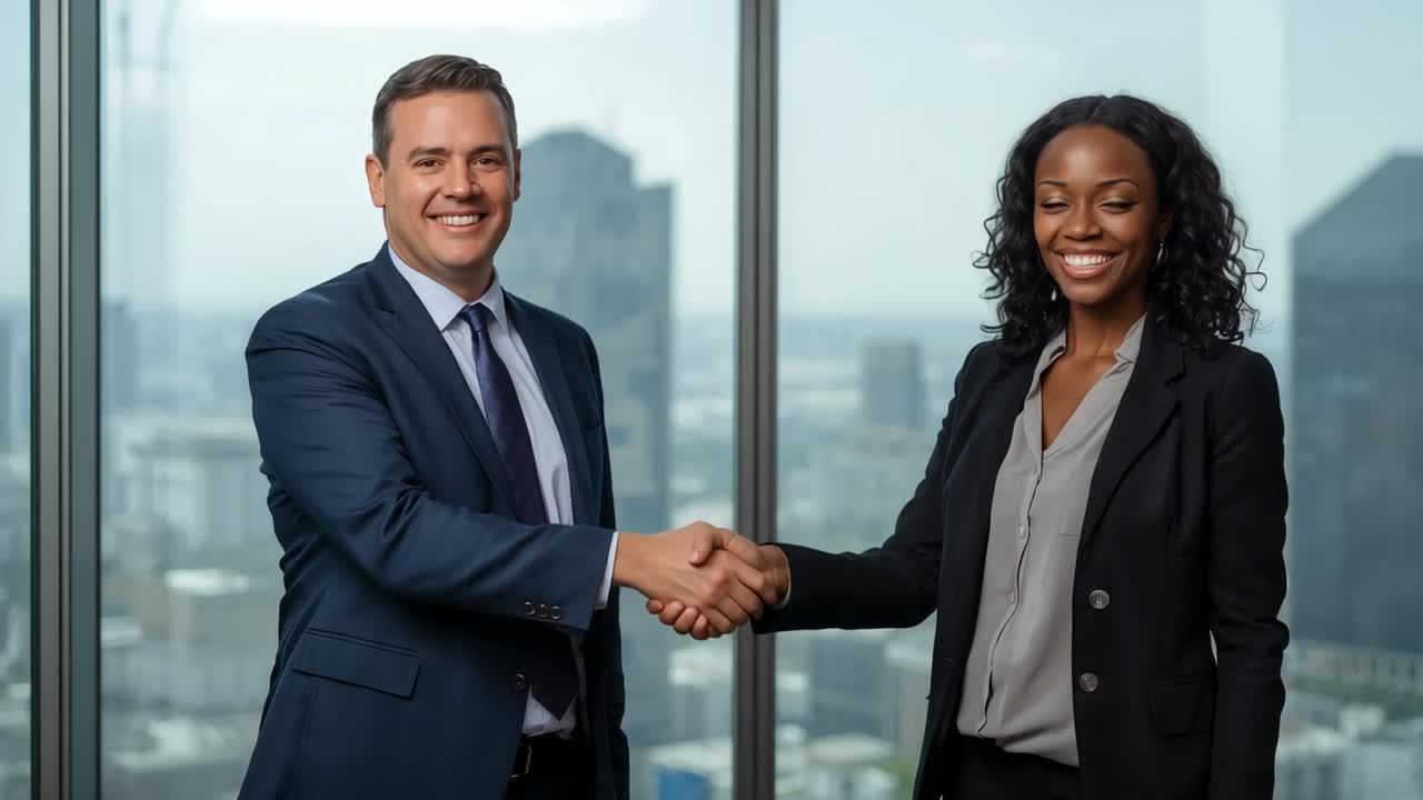 Extending right hands, two execs holding firm handshake while greeting at office window, in suits