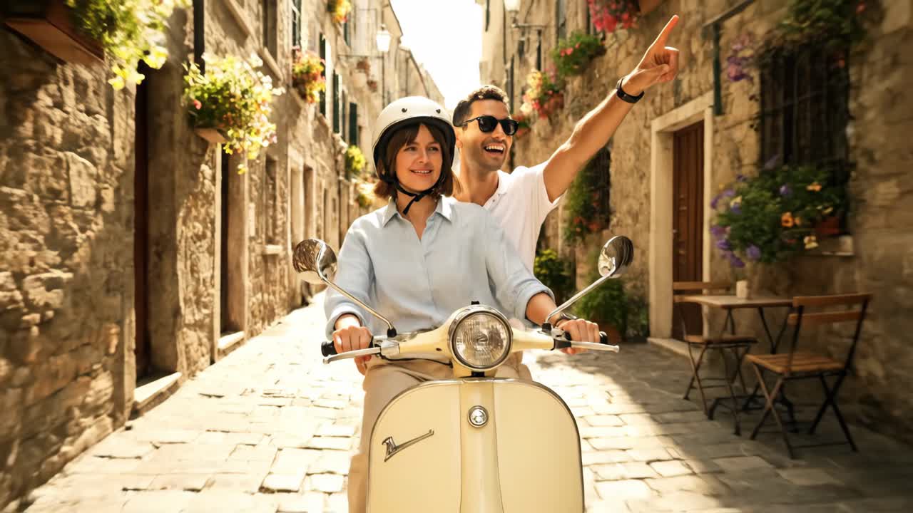 Couple Riding Scooter Through European Town