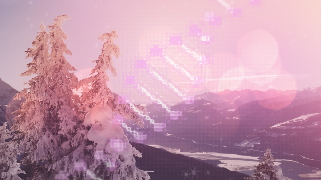 떨어지는 눈과 추운 겨울 풍경 위에서 회전하는 dna 가닥의 애니메이션